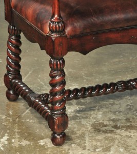 Roped leg detail, antique leather settee